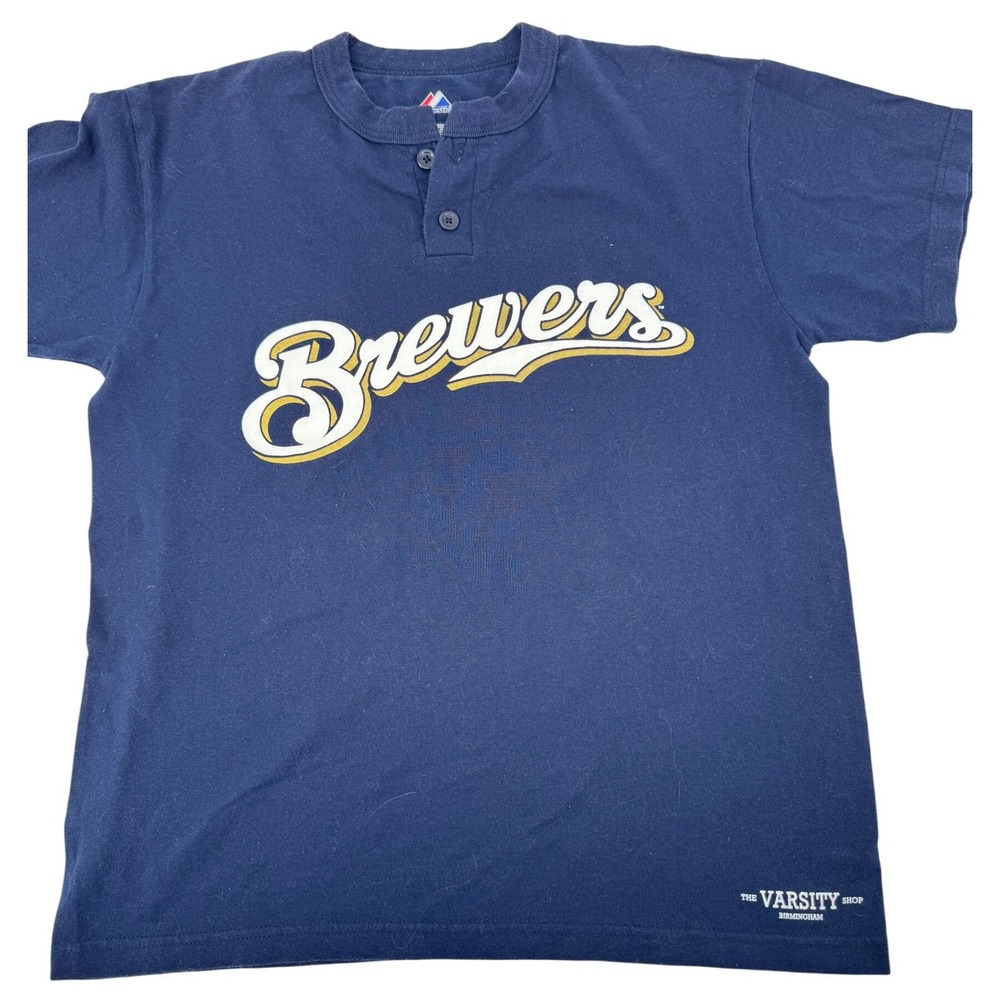 Majestic Brewers Henley Shirt Kids XL Navy Blue MLB‎ Baseball Miracle League